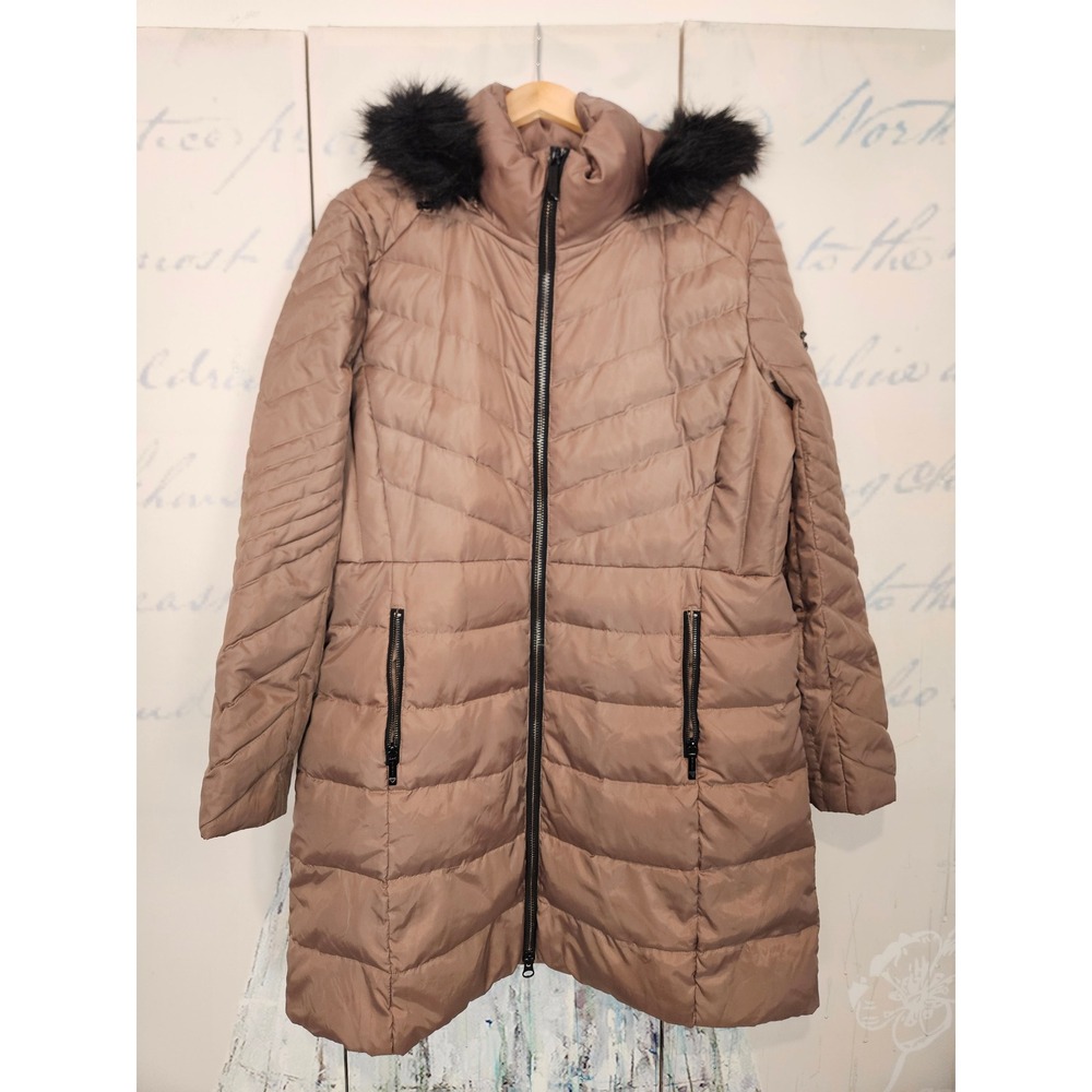 Michael Kors Puffer Coat XL Taupe Faux Fur Hood Down Fill Quilted Parka Jacket